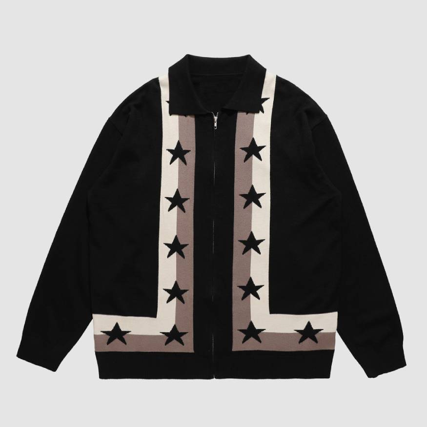 Style Core Aesthetics, New Style Trends Pentagram Striped Collared Cardigan Sweater Style Core Aesthetics, New Style Trends Pentagram Striped Collared Cardigan Sweater
