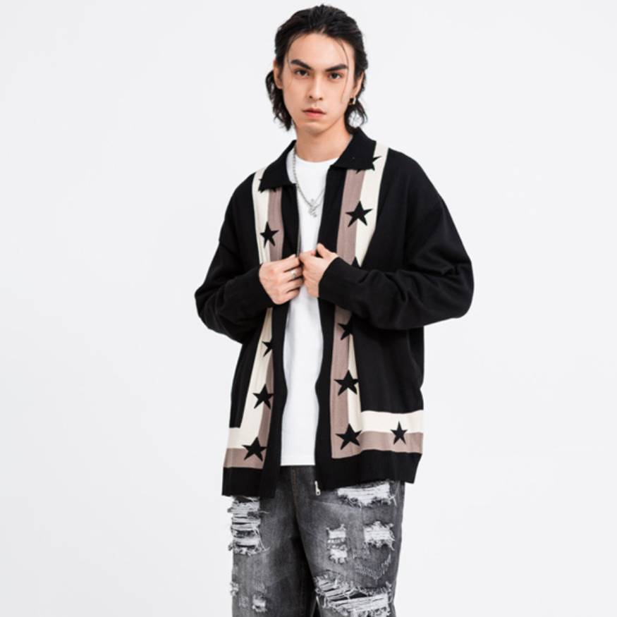 Style Core Aesthetics, New Style Trends Pentagram Striped Collared Cardigan Sweater Style Core Aesthetics, New Style Trends Pentagram Striped Collared Cardigan Sweater