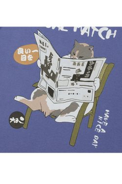 Style Core Aesthetics, New Style Trends Reading Cat Cartoon Print Tee