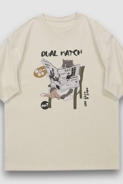 Style Core Aesthetics, New Style Trends Reading Cat Cartoon Print Tee