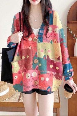 Style Core Aesthetics, New Style Trends Retro Cartoon Cat Cardigan
