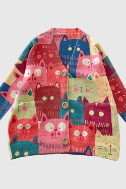 Style Core Aesthetics, New Style Trends Retro Cartoon Cat Cardigan