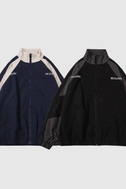 Style Core Aesthetics, New Style Trends Retro Colorblock Stand Collar Windbreaker