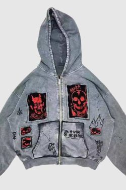 Style Core Aesthetics, New Style Trends Retro Devil Patchwork Hoodie
