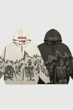 Style Core Aesthetics, New Style Trends Retro Skull Zip Hoodie