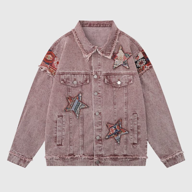 Style Core Aesthetics, New Style Trends Retro Star Patchwork Embroidered Denim Jacket Style Core Aesthetics, New Style Trends Retro Star Patchwork Embroidered Denim Jacket