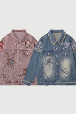 Style Core Aesthetics, New Style Trends Retro Star Patchwork Embroidered Denim Jacket