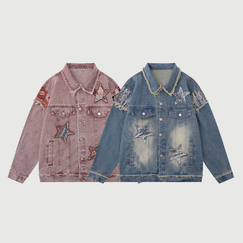 Style Core Aesthetics, New Style Trends Retro Star Patchwork Embroidered Denim Jacket Style Core Aesthetics, New Style Trends Retro Star Patchwork Embroidered Denim Jacket