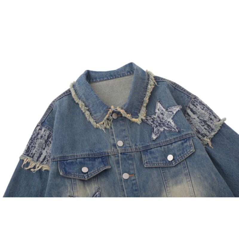 Style Core Aesthetics, New Style Trends Retro Star Patchwork Embroidered Denim Jacket Style Core Aesthetics, New Style Trends Retro Star Patchwork Embroidered Denim Jacket