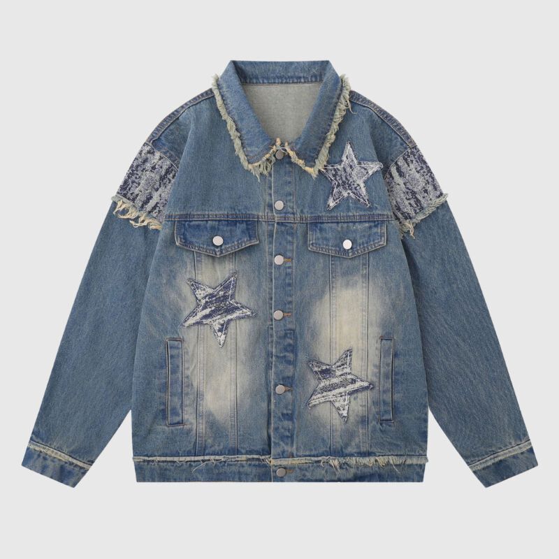 Style Core Aesthetics, New Style Trends Retro Star Patchwork Embroidered Denim Jacket Style Core Aesthetics, New Style Trends Retro Star Patchwork Embroidered Denim Jacket