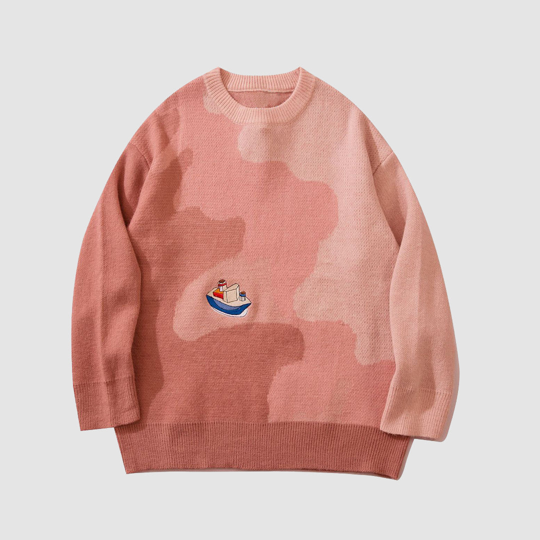 Style Core Aesthetics, New Style Trends Sailboat Embroidery Knit Sweater Style Core Aesthetics, New Style Trends Sailboat Embroidery Knit Sweater