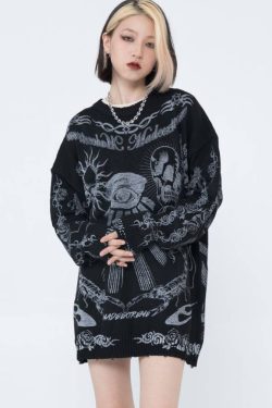Style Core Aesthetics, New Style Trends Skull Pattern Distressed Sweater