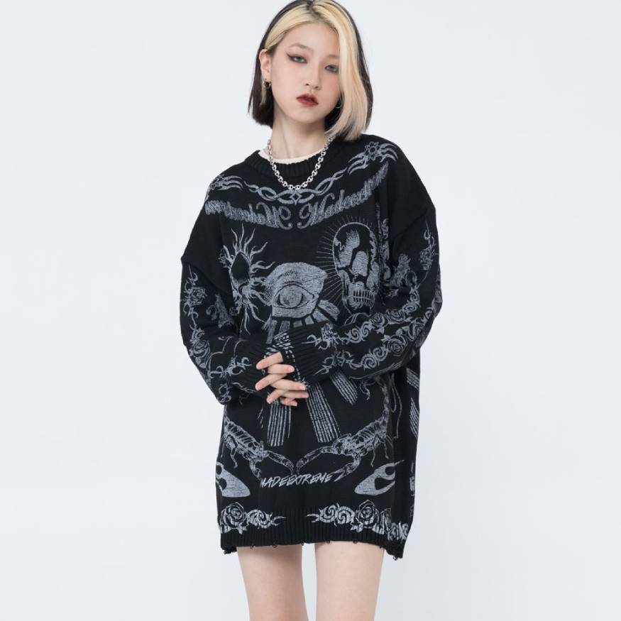 Style Core Aesthetics, New Style Trends Skull Pattern Distressed Sweater Style Core Aesthetics, New Style Trends Skull Pattern Distressed Sweater