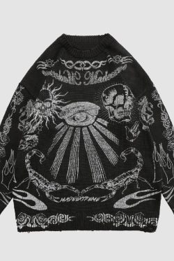 Style Core Aesthetics, New Style Trends Skull Pattern Distressed Sweater