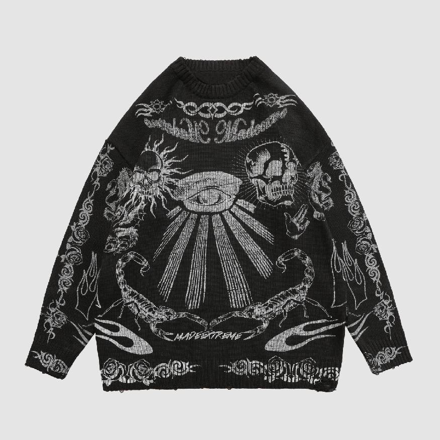 Style Core Aesthetics, New Style Trends Skull Pattern Distressed Sweater Style Core Aesthetics, New Style Trends Skull Pattern Distressed Sweater
