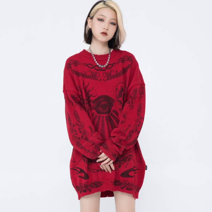 Style Core Aesthetics, New Style Trends Skull Pattern Distressed Sweater Style Core Aesthetics, New Style Trends Skull Pattern Distressed Sweater