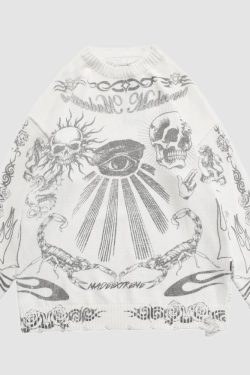 Style Core Aesthetics, New Style Trends Skull Pattern Distressed Sweater