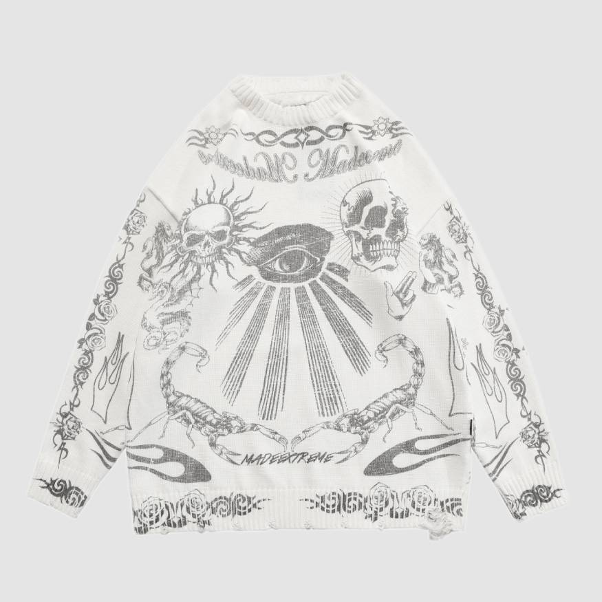 Style Core Aesthetics, New Style Trends Skull Pattern Distressed Sweater Style Core Aesthetics, New Style Trends Skull Pattern Distressed Sweater