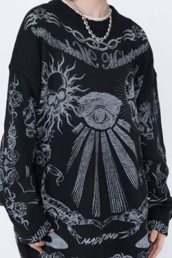 Style Core Aesthetics, New Style Trends Skull Pattern Distressed Sweater