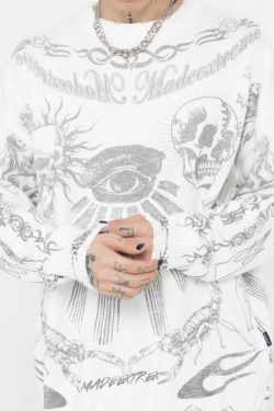 Style Core Aesthetics, New Style Trends Skull Pattern Distressed Sweater