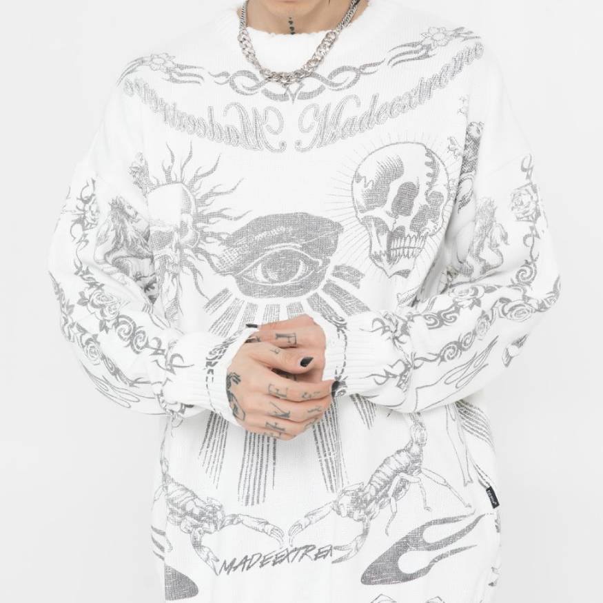Style Core Aesthetics, New Style Trends Skull Pattern Distressed Sweater Style Core Aesthetics, New Style Trends Skull Pattern Distressed Sweater