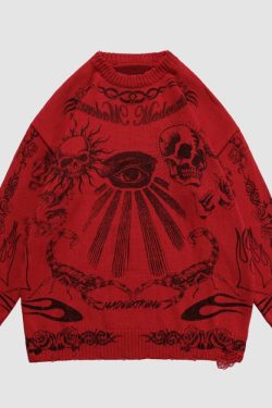 Style Core Aesthetics, New Style Trends Skull Pattern Distressed Sweater
