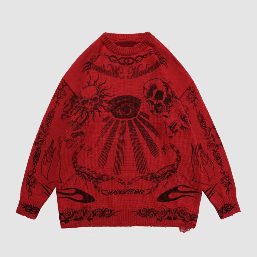 Style Core Aesthetics, New Style Trends Skull Pattern Distressed Sweater Style Core Aesthetics, New Style Trends Skull Pattern Distressed Sweater