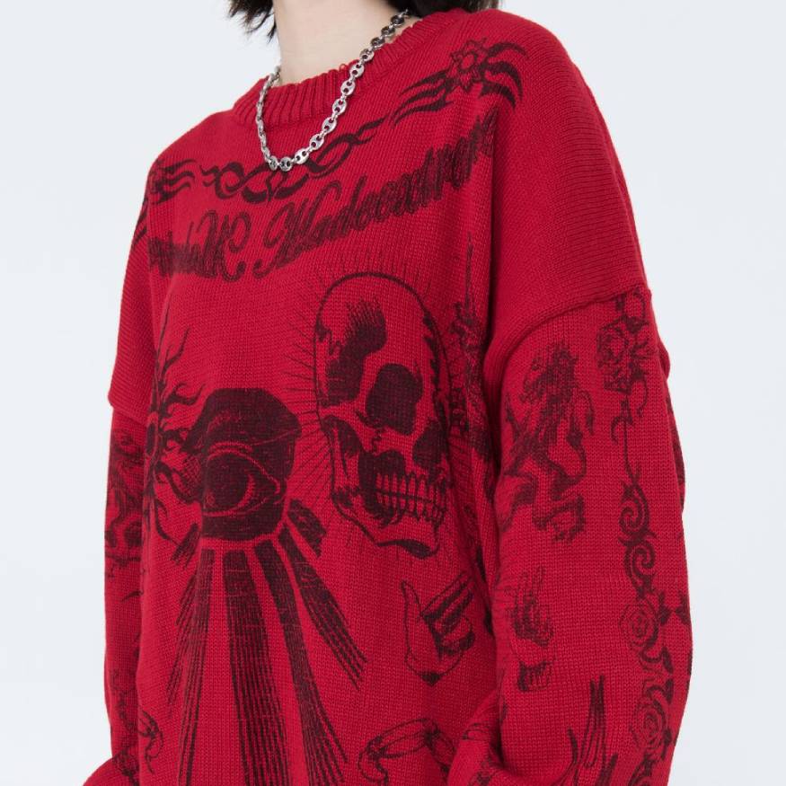 Style Core Aesthetics, New Style Trends Skull Pattern Distressed Sweater Style Core Aesthetics, New Style Trends Skull Pattern Distressed Sweater