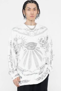 Style Core Aesthetics, New Style Trends Skull Pattern Distressed Sweater