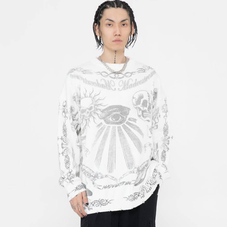 Style Core Aesthetics, New Style Trends Skull Pattern Distressed Sweater Style Core Aesthetics, New Style Trends Skull Pattern Distressed Sweater