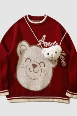 Style Core Aesthetics, New Style Trends Smiley Bear Print Sweater + Bear Mini Bag
