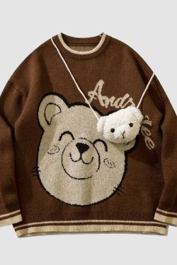 Style Core Aesthetics, New Style Trends Smiley Bear Print Sweater + Bear Mini Bag