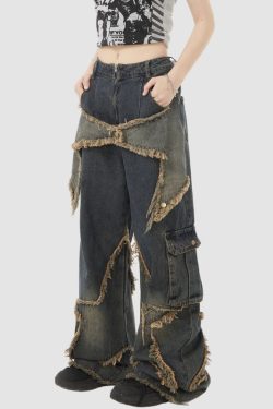 Style Core Aesthetics, New Style Trends Star Pattern Frayed Patchwork Jeans