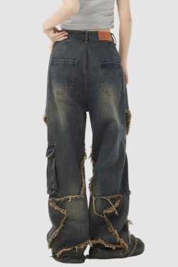 Style Core Aesthetics, New Style Trends Star Pattern Frayed Patchwork Jeans