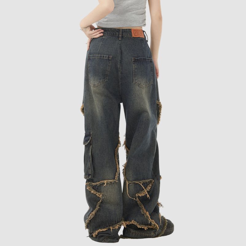 Style Core Aesthetics, New Style Trends Star Pattern Frayed Patchwork Jeans Style Core Aesthetics, New Style Trends Star Pattern Frayed Patchwork Jeans