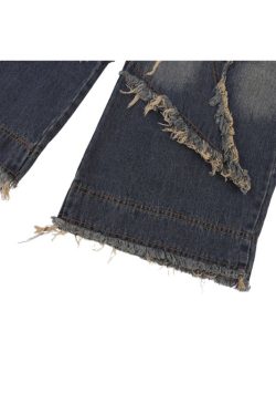 Style Core Aesthetics, New Style Trends Star Pattern Frayed Patchwork Jeans