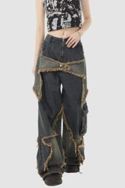 Style Core Aesthetics, New Style Trends Star Pattern Frayed Patchwork Jeans