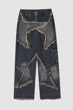 Style Core Aesthetics, New Style Trends Star Pattern Frayed Patchwork Jeans