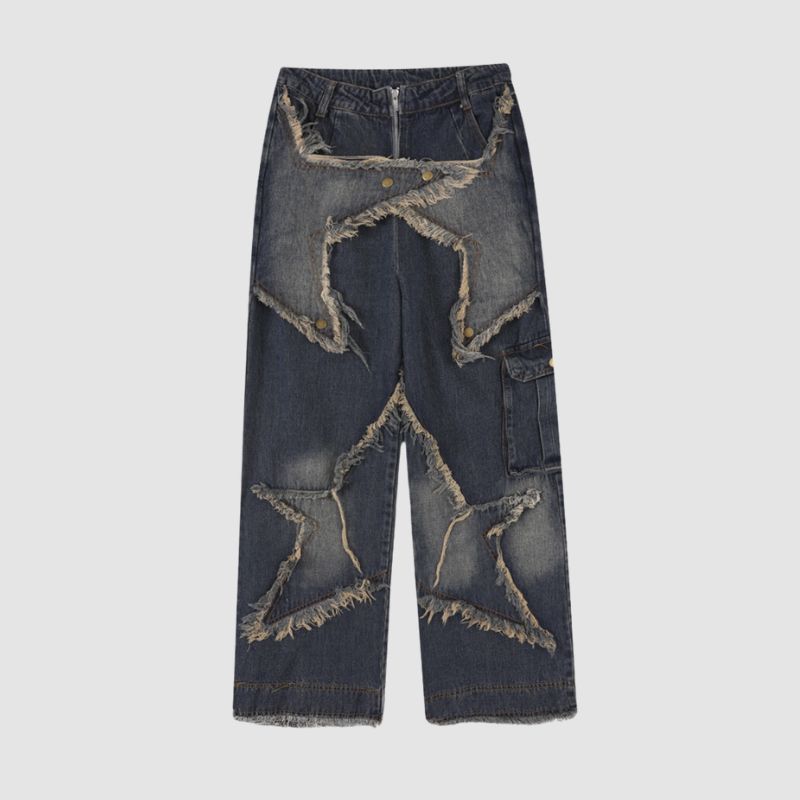 Style Core Aesthetics, New Style Trends Star Pattern Frayed Patchwork Jeans Style Core Aesthetics, New Style Trends Star Pattern Frayed Patchwork Jeans