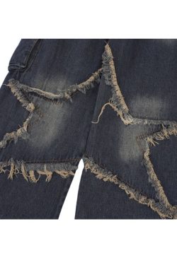 Style Core Aesthetics, New Style Trends Star Pattern Frayed Patchwork Jeans