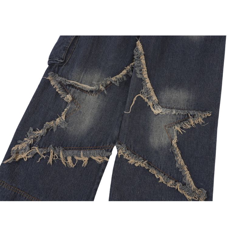 Style Core Aesthetics, New Style Trends Star Pattern Frayed Patchwork Jeans Style Core Aesthetics, New Style Trends Star Pattern Frayed Patchwork Jeans