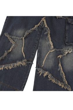 Style Core Aesthetics, New Style Trends Star Pattern Frayed Patchwork Jeans