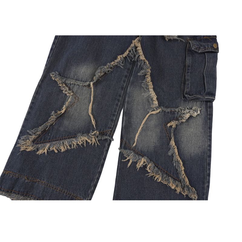Style Core Aesthetics, New Style Trends Star Pattern Frayed Patchwork Jeans Style Core Aesthetics, New Style Trends Star Pattern Frayed Patchwork Jeans