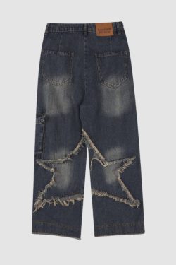 Style Core Aesthetics, New Style Trends Star Pattern Frayed Patchwork Jeans