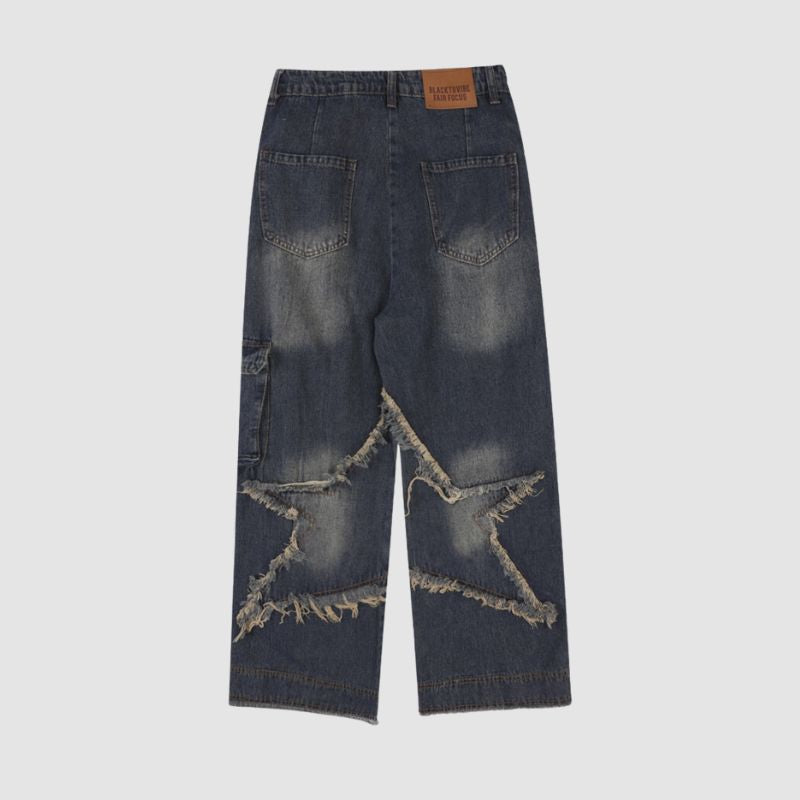 Style Core Aesthetics, New Style Trends Star Pattern Frayed Patchwork Jeans Style Core Aesthetics, New Style Trends Star Pattern Frayed Patchwork Jeans