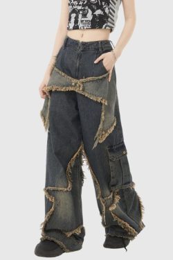 Style Core Aesthetics, New Style Trends Star Pattern Frayed Patchwork Jeans