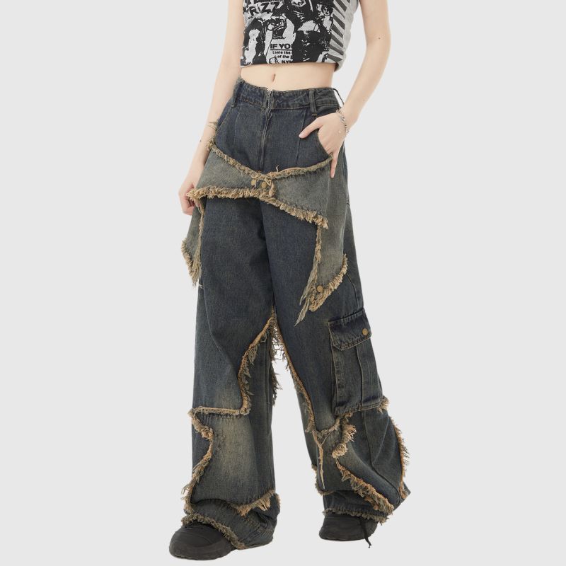Style Core Aesthetics, New Style Trends Star Pattern Frayed Patchwork Jeans Style Core Aesthetics, New Style Trends Star Pattern Frayed Patchwork Jeans