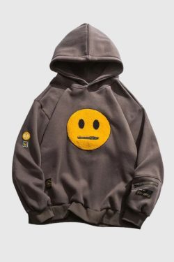 Style Core Aesthetics, New Style Trends Street Style Smiley Face Patchwork Hoodie