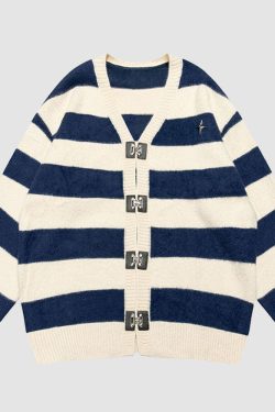 Style Core Aesthetics, New Style Trends Striped Buckle Closure Cardigan Sweater