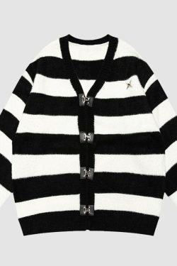 Style Core Aesthetics, New Style Trends Striped Buckle Closure Cardigan Sweater
